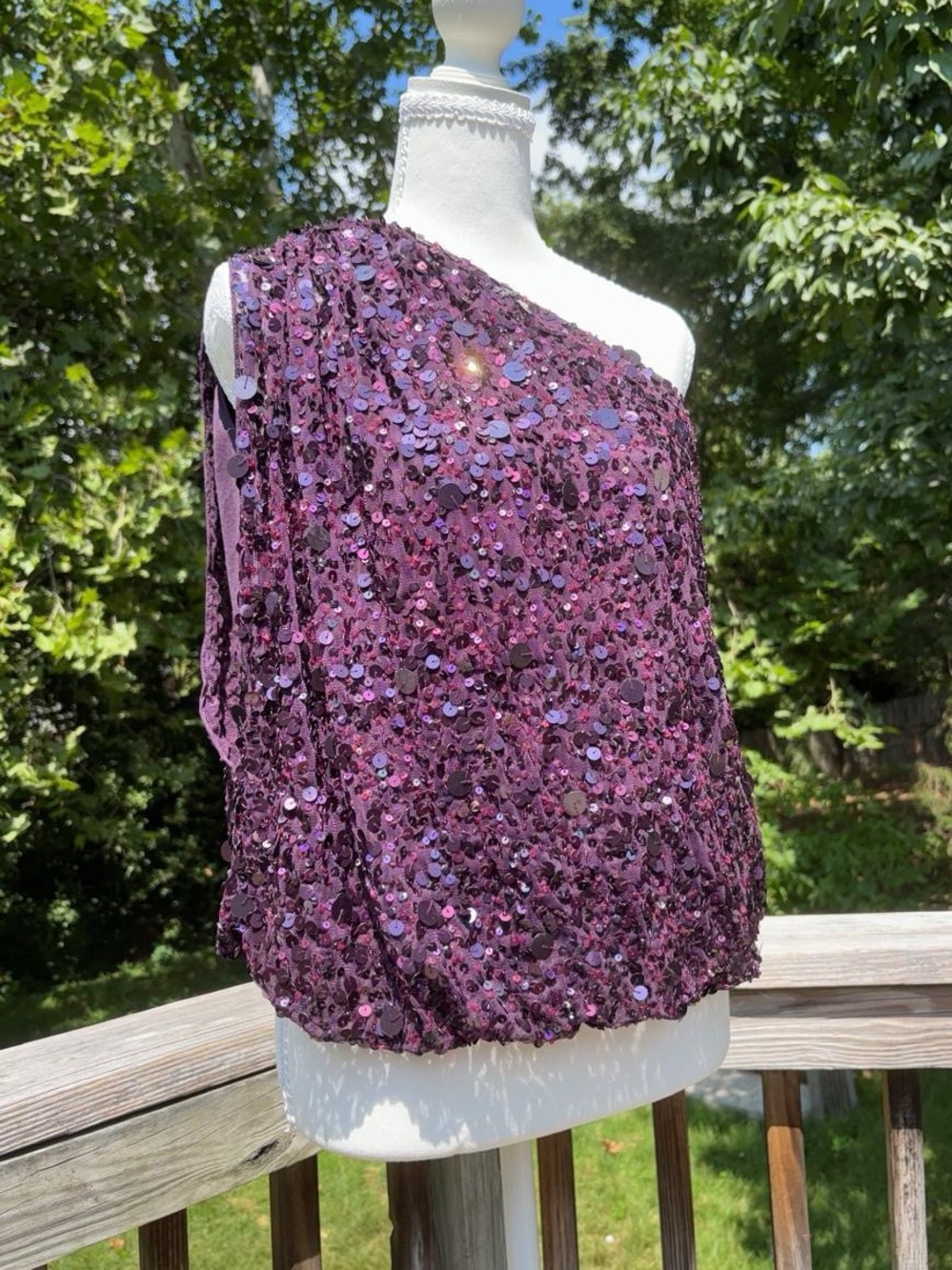 Aidan Mattox purple sequin one shoulder top